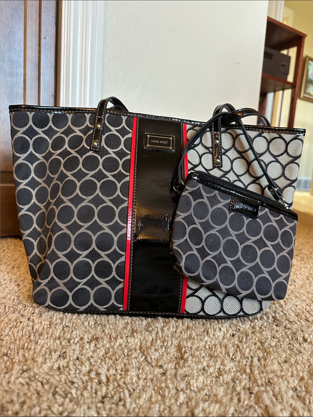 Nine West Black & Gray Patterned Tote with Red Trim and Matching Pouch